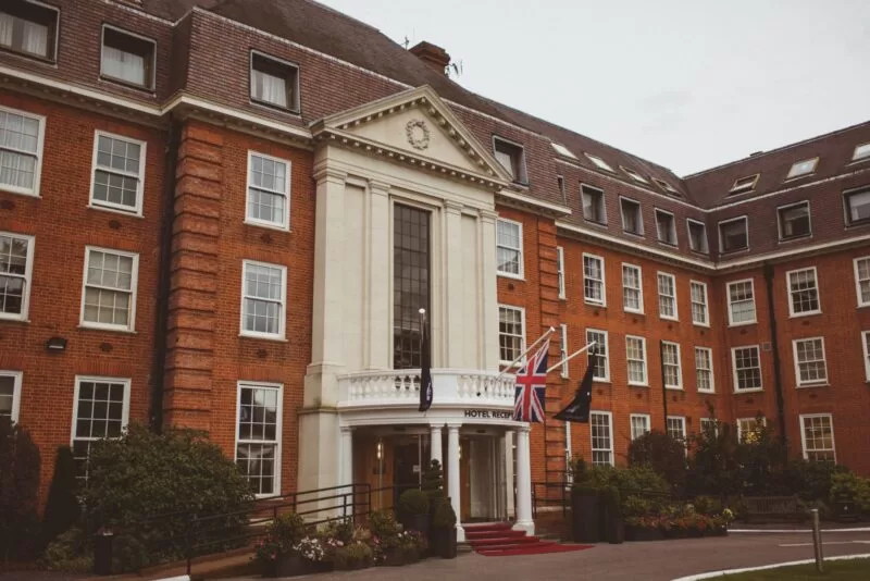 Outside the hotel reception at The Lensbury, a hotel and members' club in Teddington, south west London