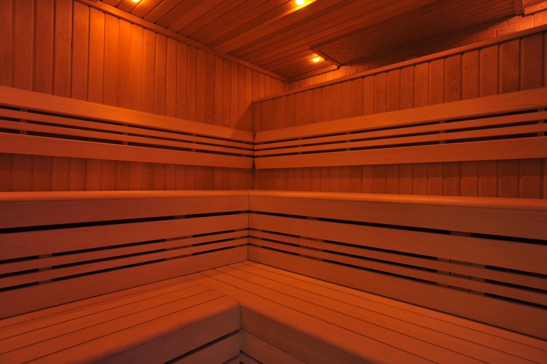 Indoor wooden sauna at The Lensbury Club fitness centre & gym in Teddington.