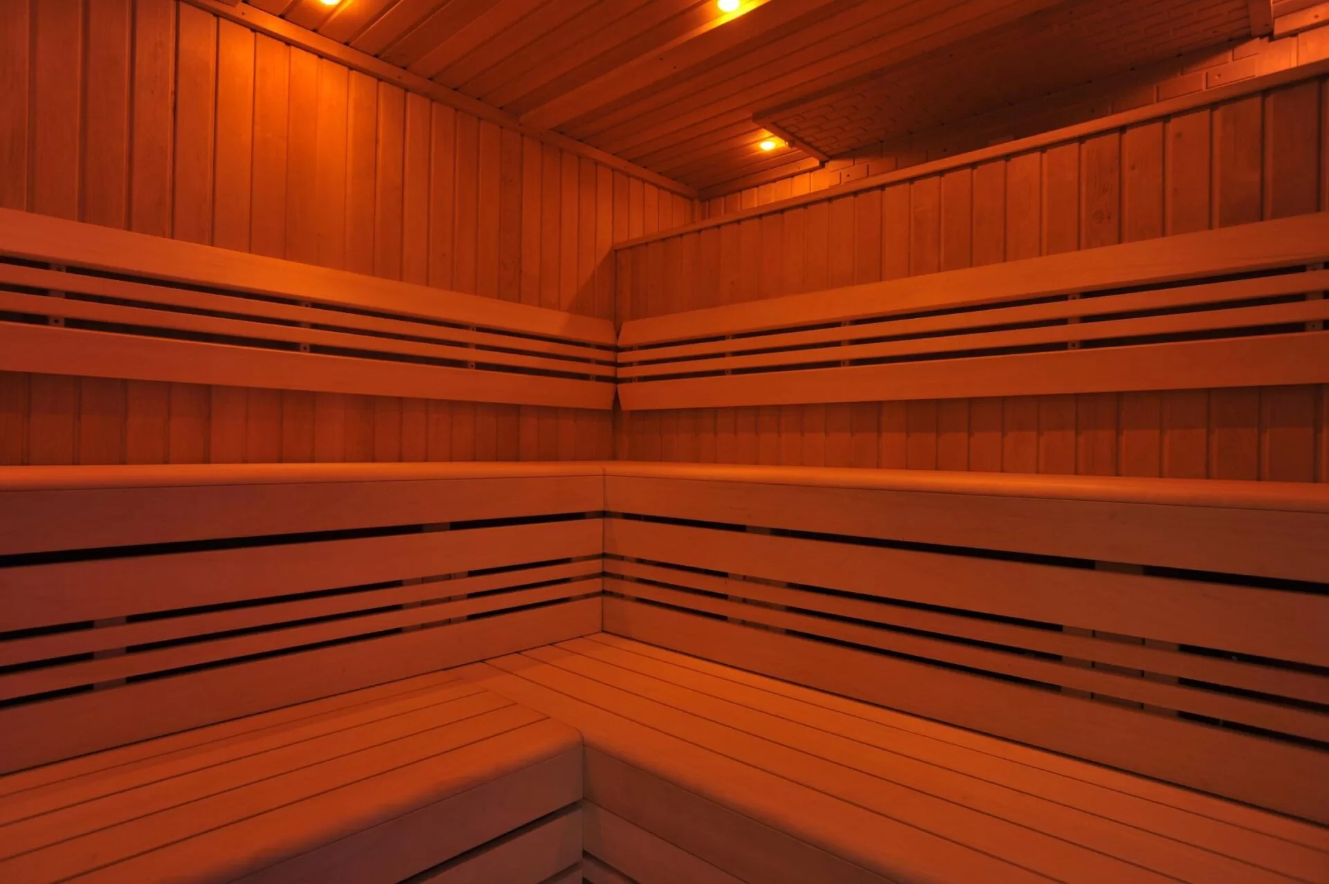Indoor wooden sauna at The Lensbury Club fitness centre & gym in Teddington.