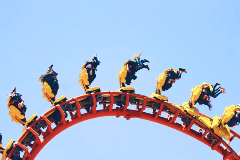 People riding upside down on a rollercoaster at Thorpe Park London.