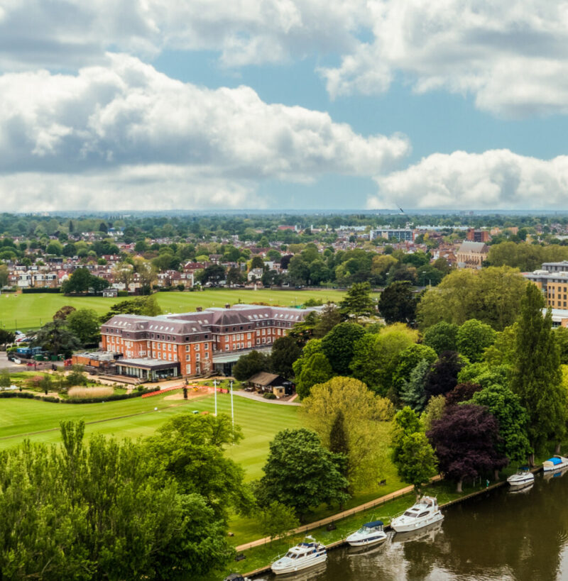A drone image of The Lensbury showing the grounds and clubhouse