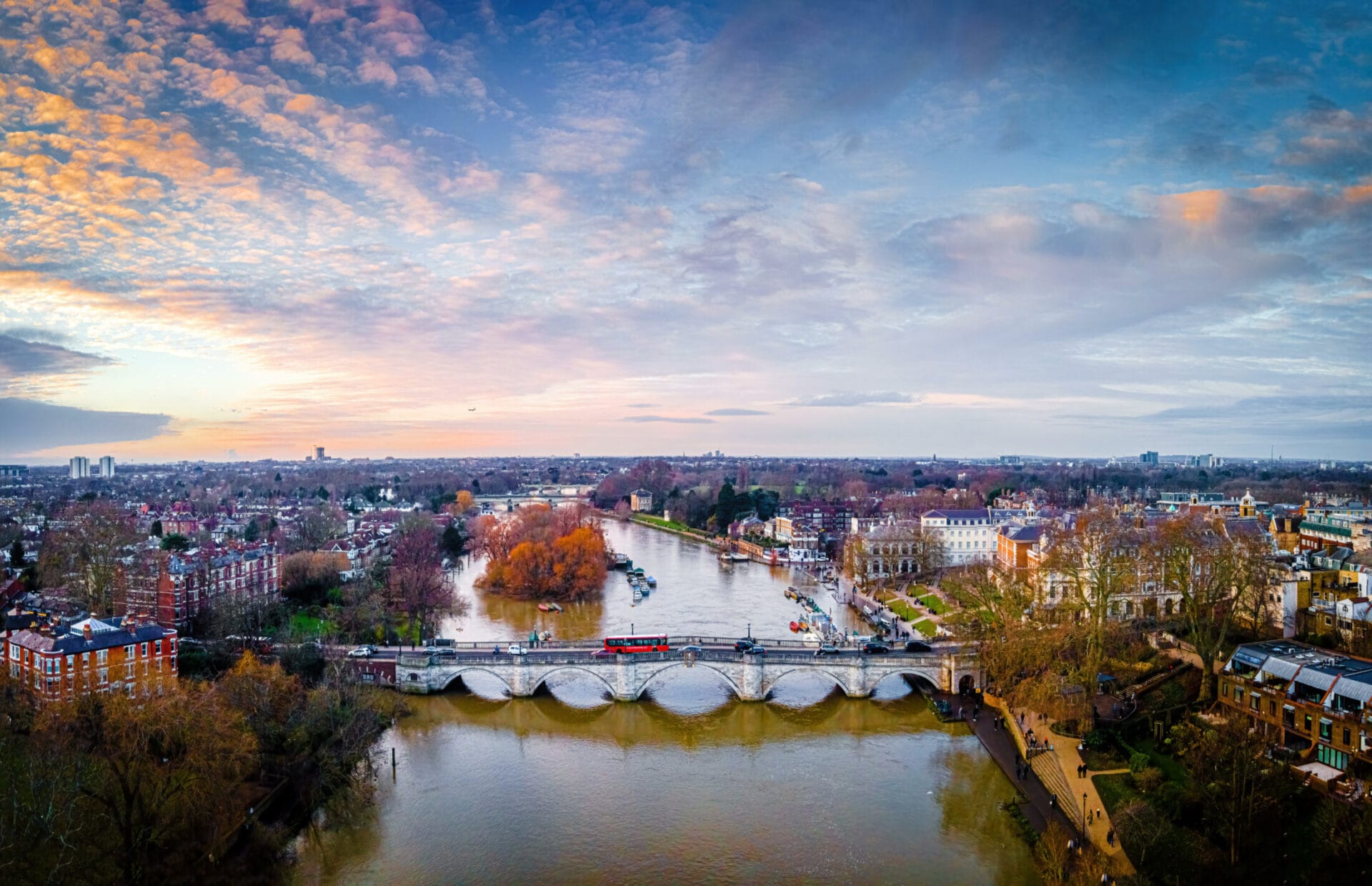Aerial view of Richmond bridge at sunset time, London, UK