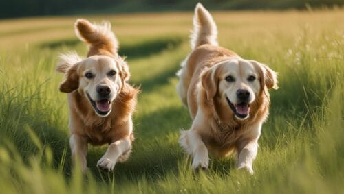 Three golden retrievers, a puppy, a young adult, and an older dog, playfully tumbling in a sun-drenched meadow, long grass swaying gently in the breeze, vibrant green and gold tones, photorealistic style,