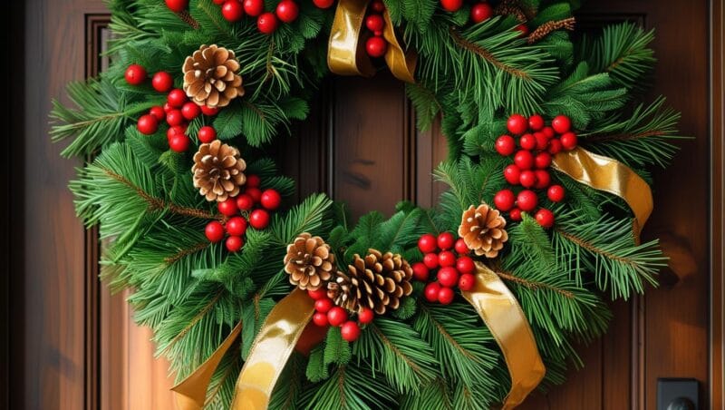 christmas wreath on a front door close up