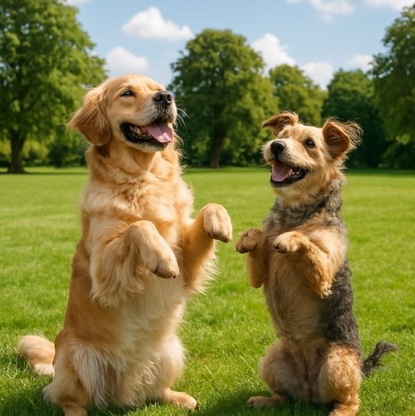 Two dogs standing on their back feet over grass
